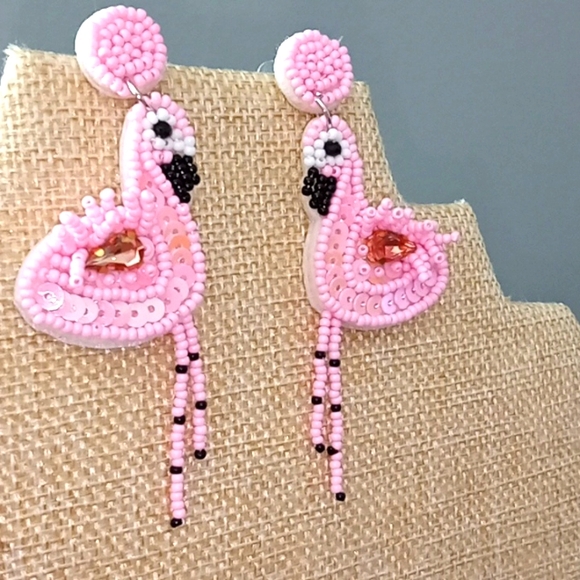 New Beaded Post Pink Flamingo Earrings - Picture 2 of 3